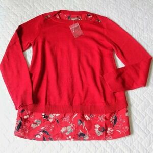 Red Flyaway Back Motto Floral Layered Sweater XS NEW